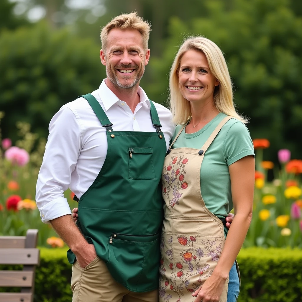 A professional gardening couple, Emma and Liam, standing in a lush garden, smiling warmly, surrounded by vibrant flowers and neatly trimmed bushes. About