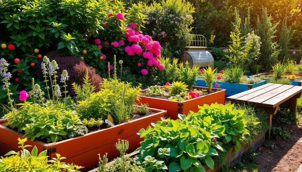 edible landscaping A vibrant garden blending ornamental plants and vegetables, with colorful raised beds, flowering bushes, native plants, and a rustic wooden bench under dappled sunlight. edible landscaping