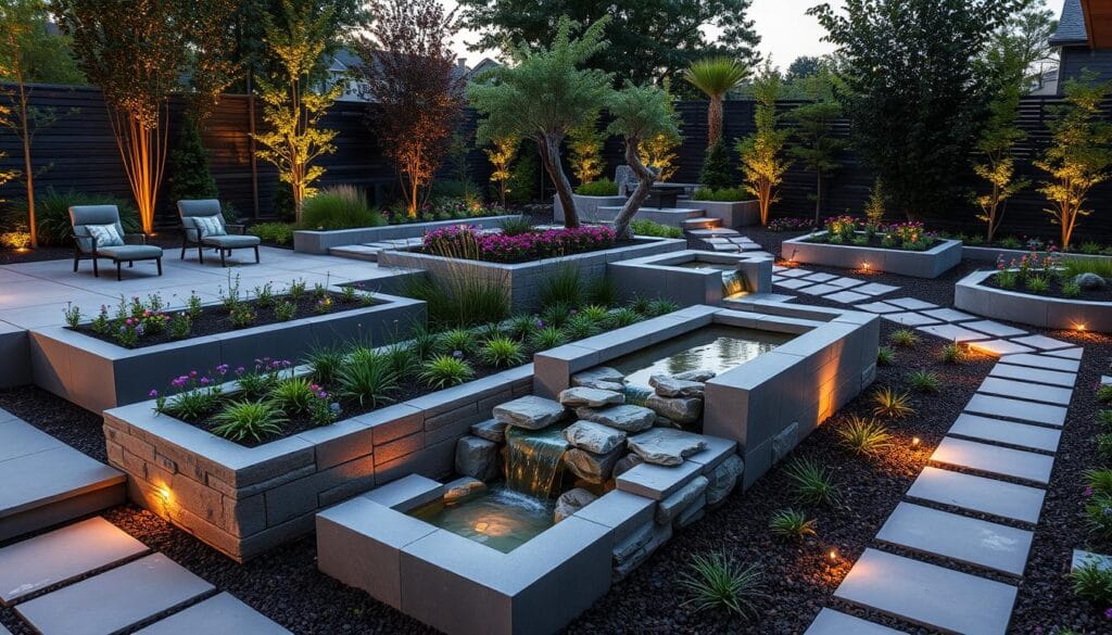 hardscaping innovations A modern garden with sleek geometric patios, permeable paving, raised stone planters, a cascading water feature, and minimalist pathways with ambient lighting. hardscaping innovations
