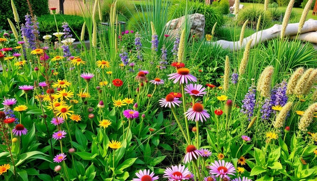 native plants native plants "A vibrant garden with native plants, blooming wildflowers, lush green foliage, ornamental grasses, and soft sunlight illuminating the natural landscape."