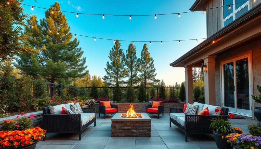 outdoor living spaces A serene outdoor living space with modern patio furniture, lush greenery, vibrant flowers, a cozy fire pit, and ambient string lights under a clear blue sky. outdoor living spaces