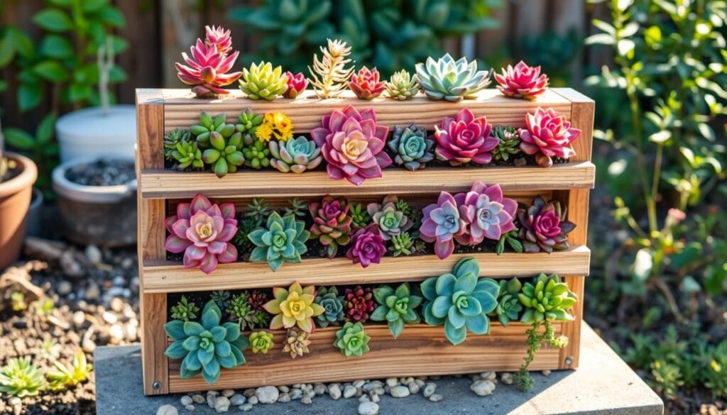 vertical succulent planter vertical succulent planter A vertical succulent planter made from reclaimed wood, with vibrant succulents in various shapes and colors, set against a rustic garden backdrop with soft sunlight and pebbles.