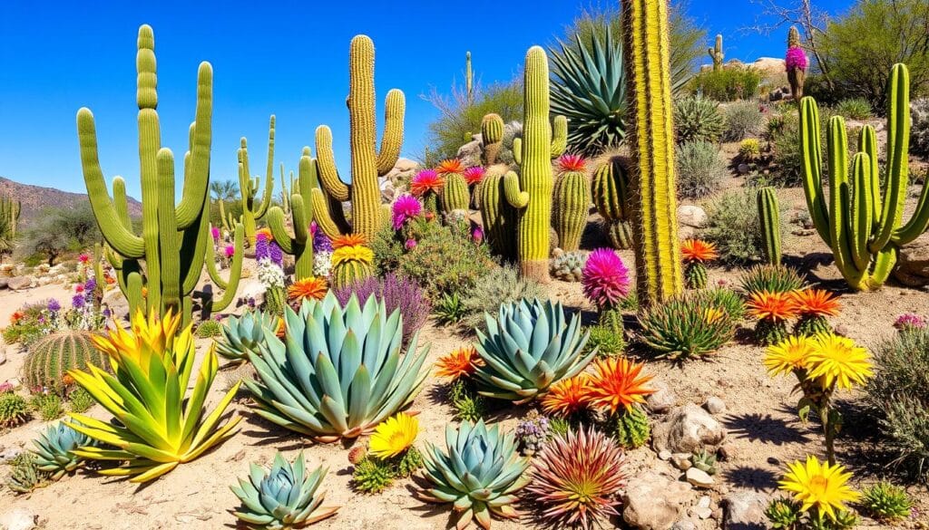 Desert Garden Plants Desert Garden Plants "A lush desert garden featuring vibrant succulents, various cacti, colorful desert flowers like agave and yucca, sandy soil, rocky terrain, and a clear blue sky."
