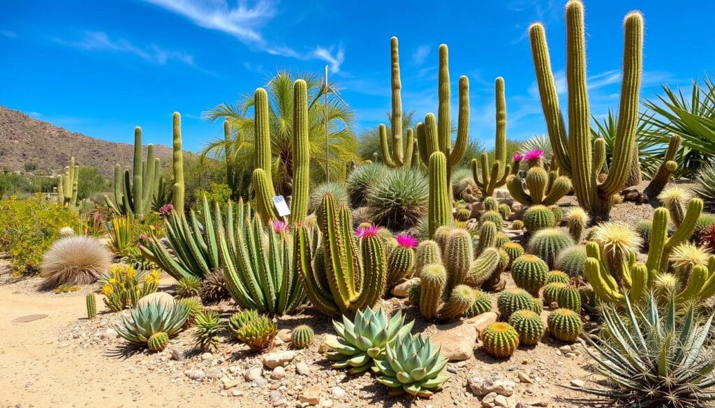 Desert Garden Plants "Vibrant desert garden with diverse succulents and cacti, showcasing various shapes and colors, surrounded by sandy soil and rocky terrain under a bright blue sky with wispy clouds."