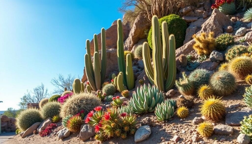 Drought-Tolerant Plants "A vibrant desert garden featuring drought-tolerant plants, including succulents, cacti, and hardy shrubs surrounded by sandy soil, rocky outcrops, and soft sunlight under a clear blue sky." Drought-Tolerant Plants
