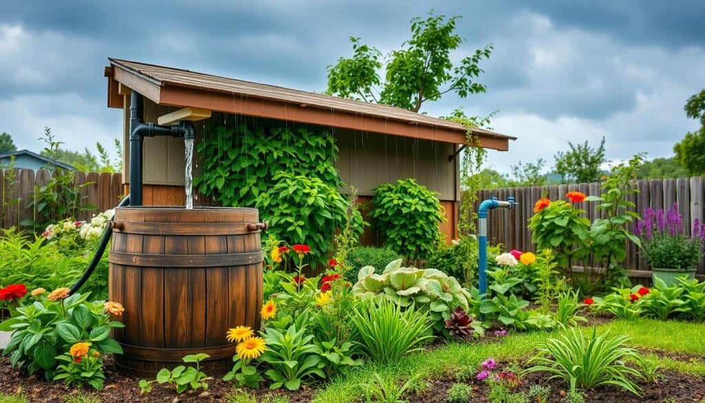 rainwater harvesting system A serene eco-friendly garden with a rustic wooden barrel collecting rainwater from a sloped roof, vibrant plants, flowers, a vegetable patch, and irrigation pipes under a cloudy blue sky with gentle raindrops.