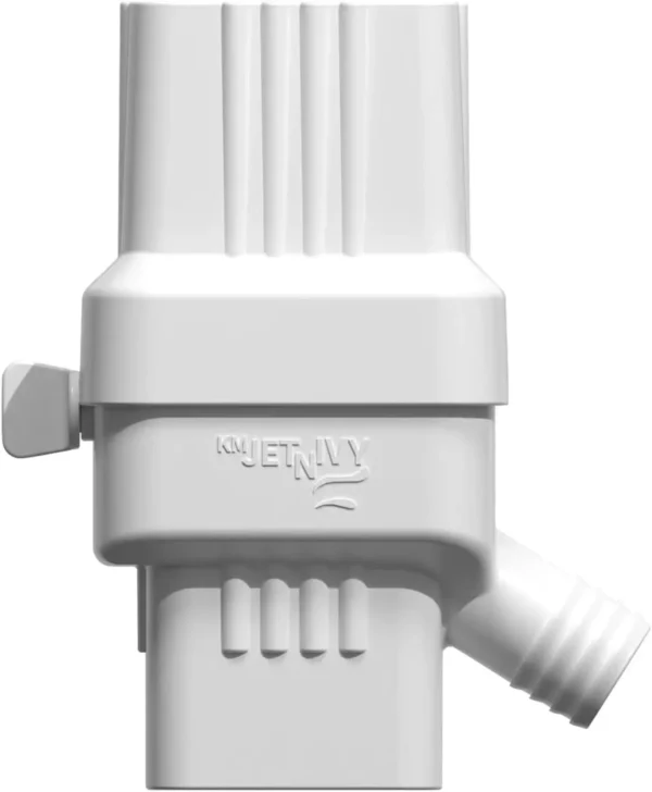 White KMJETNIVY rainwater diverter for a 2x3 downspout, featuring a side spout and an adjustable lever. Rainwater Collection System