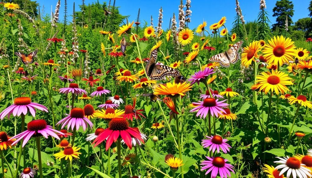 pollinator-friendly garden A vibrant pollinator-friendly garden with blooming native plants, including coneflowers, milkweed, and sunflowers, attracting butterflies, bees, and hummingbirds, surrounded by lush greenery and a sunny blue sky.