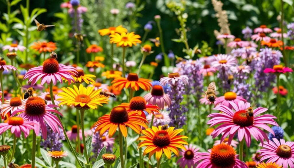 pollinator-friendly landscaping A vibrant pollinator-friendly garden featuring diverse native plants with colorful flowers such as coneflowers, echinacea, and milkweed, surrounded by lush greenery, buzzing bees, fluttering butterflies, and hummingbirds in a sunlit outdoor setting.