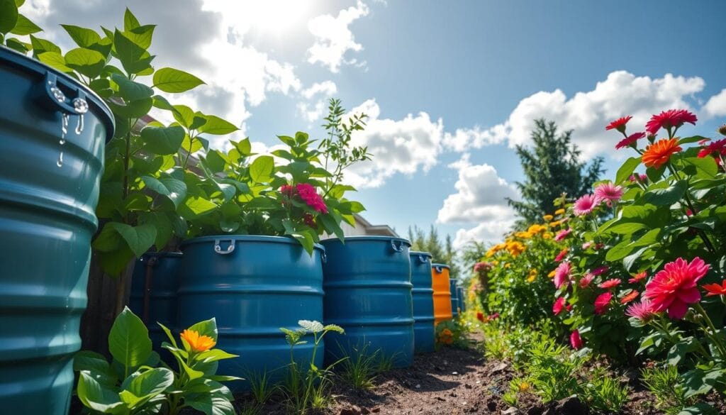 rainwater harvesting benefits A vibrant garden with rain barrels collecting water, surrounded by lush green plants, colorful flowers, and a sunny sky with scattered clouds.