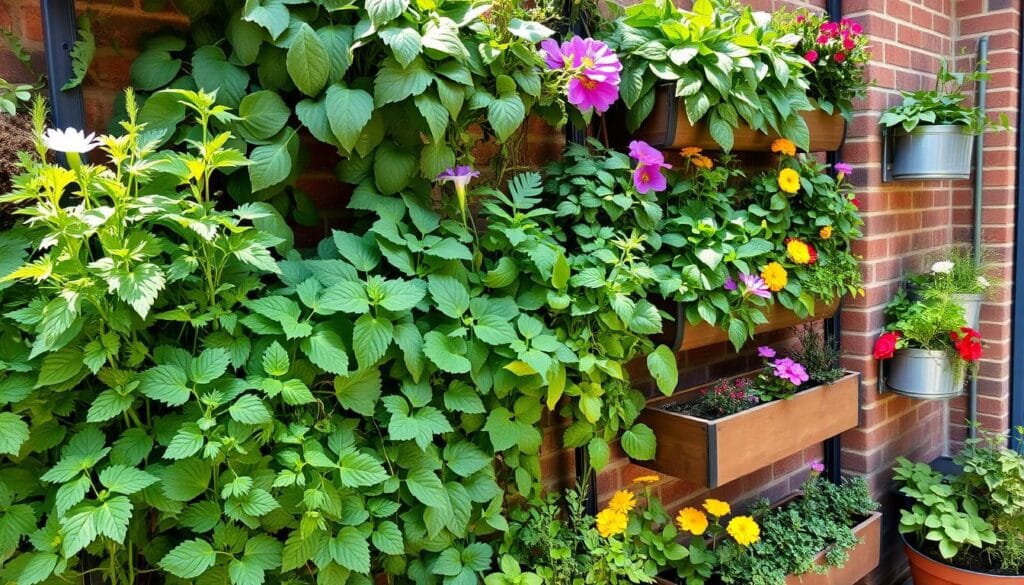 outdoor plant wall A vibrant outdoor plant wall with lush greenery, herbs, and colorful flowers in vertical wood and metal planters, set against a rustic brick wall with sunlight filtering through the leaves.