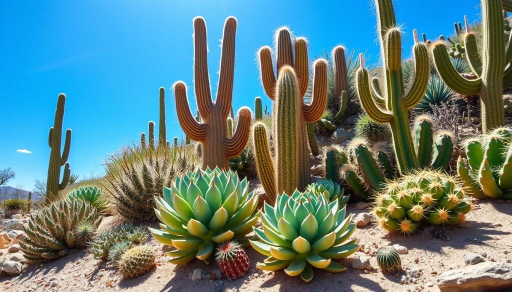 Succulents and Cacti "A vibrant desert landscape with a variety of succulents and cacti, featuring unique shapes and colors, sandy soil, scattered rocks, and a bright blue sky." Succulents and Cacti