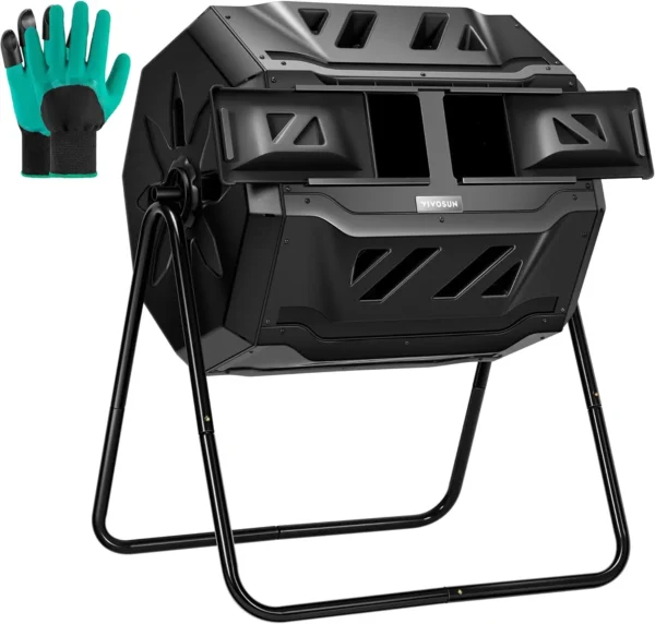 VIVOSUN Outdoor Tumbling Composter with Dual Chamber and Green Gloves