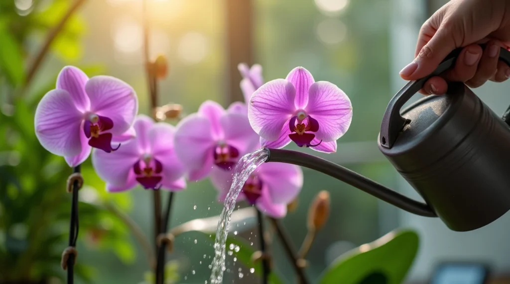 Orchid watering A close-up view of a hand gently watering vibrant purple orchids with a stylish watering can, surrounded by lush green leaves in a sunny indoor garden.
