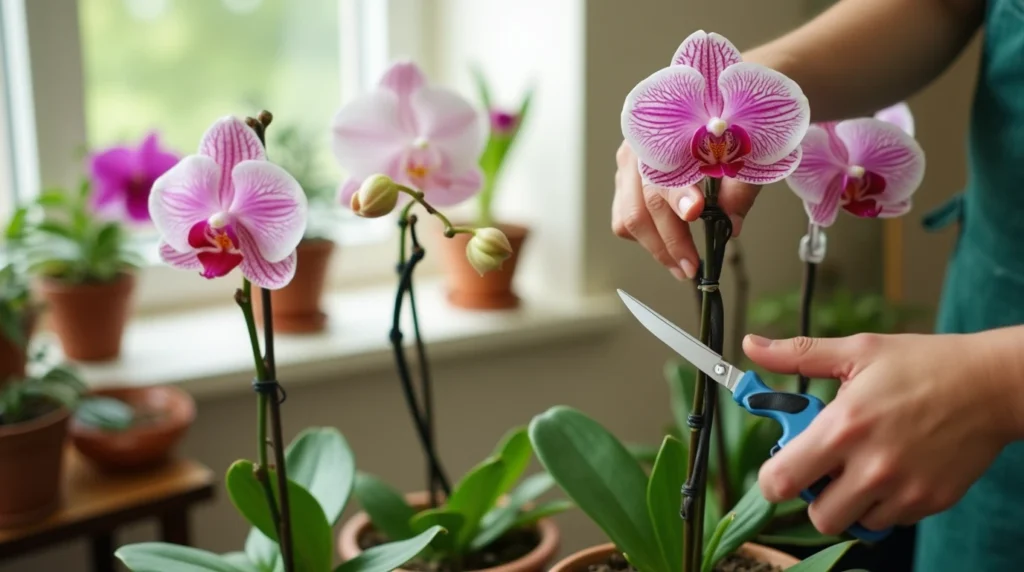 Orchid pruning techniques A serene indoor setting with orchids in various stages of bloom, hands gently pruning flowers with clean scissors, natural light illuminating the vibrant colors, and a potting station with tools in the background.
