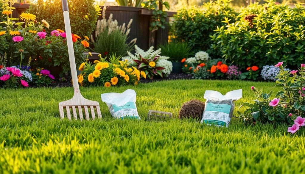 non-toxic lawn treatment A serene garden with a lush green lawn, eco-friendly lawn care tools like a wooden rake, push mower, and compost-based natural fertilizers, surrounded by vibrant flowers and healthy plants under warm sunlight.