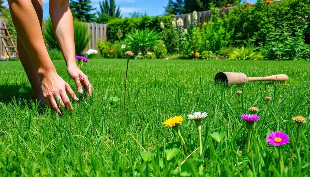non-toxic lawn treatment A vibrant lawn with diverse grass and wildflowers, a person hand-pulling weeds, eco-friendly gardening tools, lush greenery, and a clear blue sky.