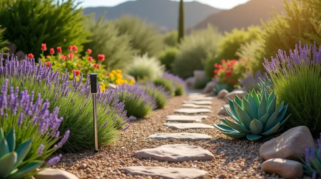 A vibrant drought-resistant garden with lavender, yucca, and agave, surrounded by gravel pathways and decorative rocks under warm sunlight.