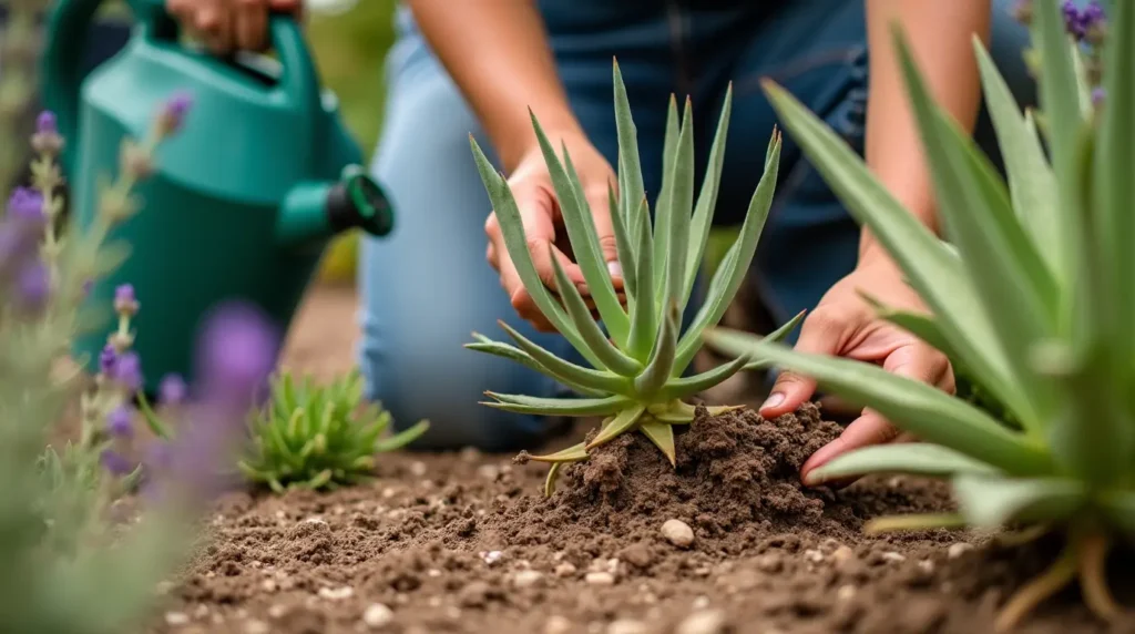 A gardener applying mulch around drought-resistant plants and using a watering can for deep hydration in a dry yet thriving landscape.