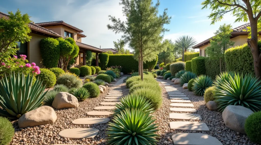 A side-by-side comparison of a struggling traditional garden and a thriving drought-resistant landscape with succulents, wildflowers, and rock elements.