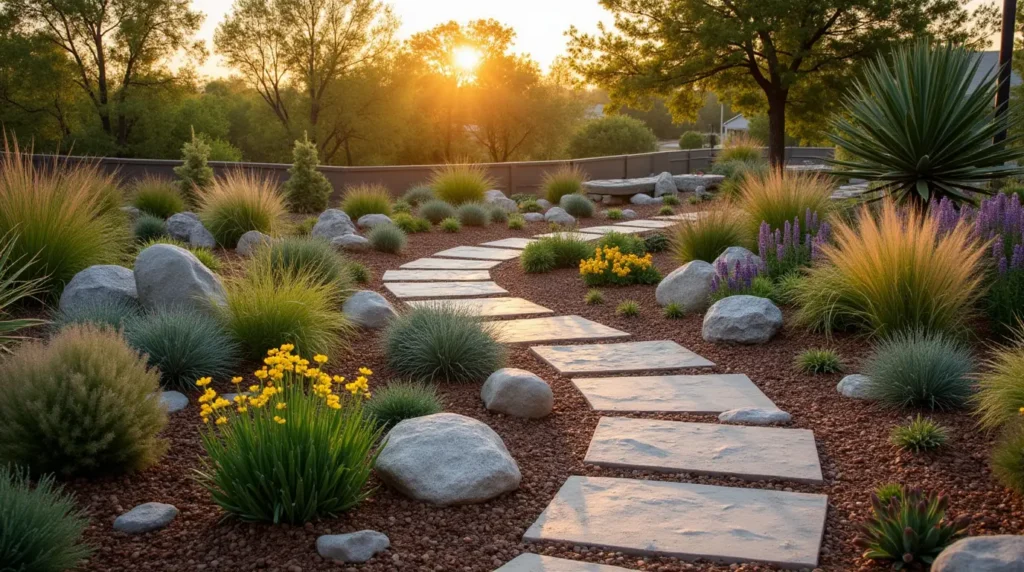 A carefully designed water-wise garden with rock formations, native wildflowers, and ornamental grasses, enhanced by a curved stone pathway.