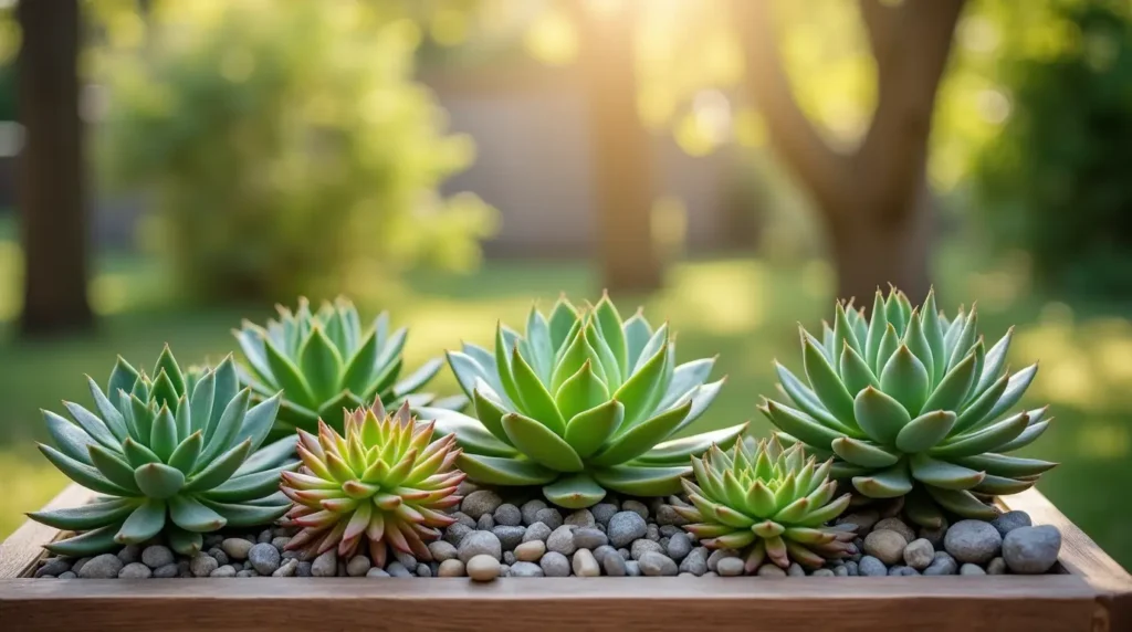 A close-up of a succulent cutting being planted in well-draining soil, surrounded by small gardening tools. growing succulents