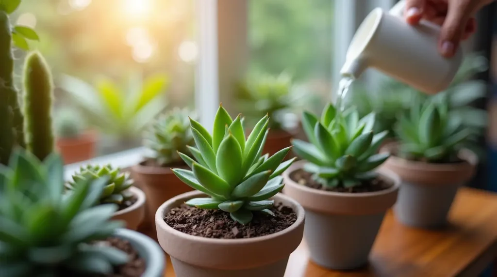 A person gently watering a succulent with a sleek watering can, placed on a well-lit windowsill. growing succulents