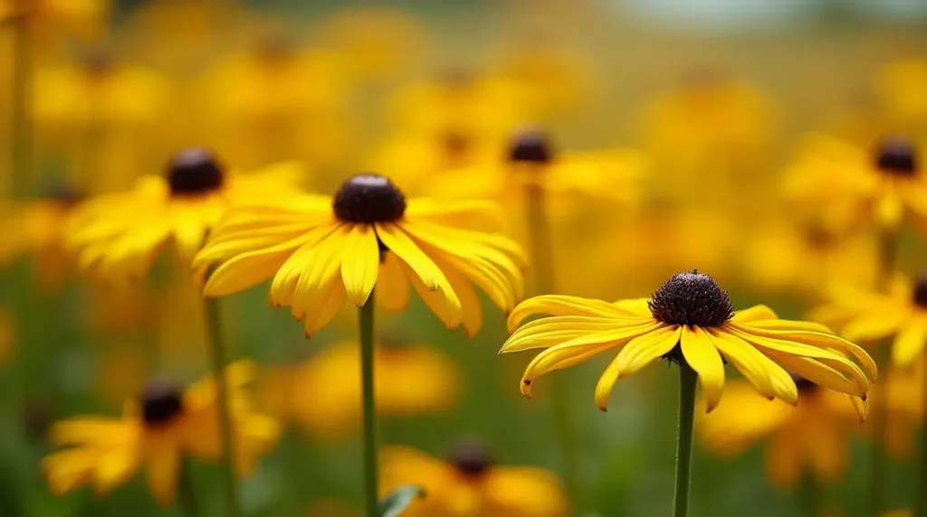 Field of bright Black-Eyed Susan flowers swaying in the summer sun.