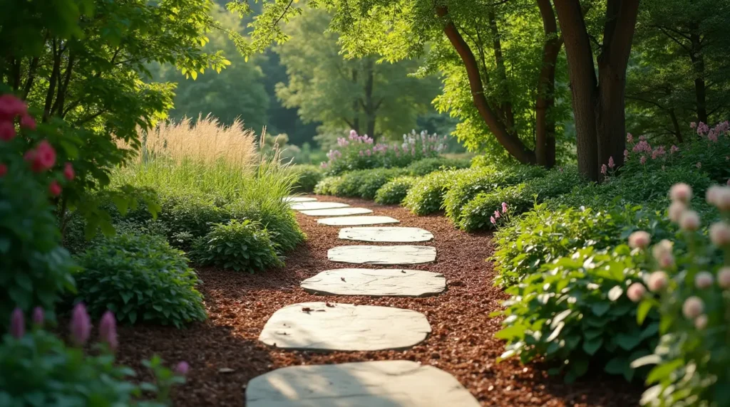 A serene garden path made of smooth stones and brown mulch, bordered by lush greenery and flowering shrubs.
