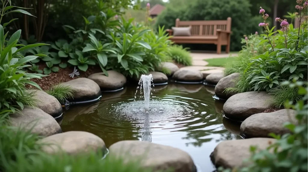 A tranquil backyard pond with a small fountain surrounded by rocks and native plants.