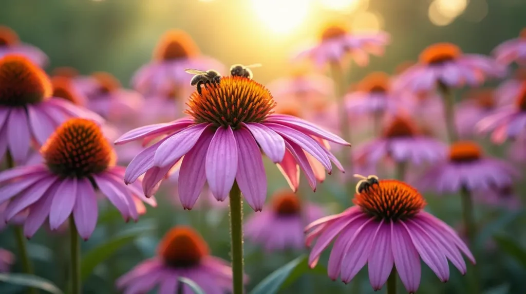 Beautiful purple coneflower blossoms in a sunlit garden with bees.