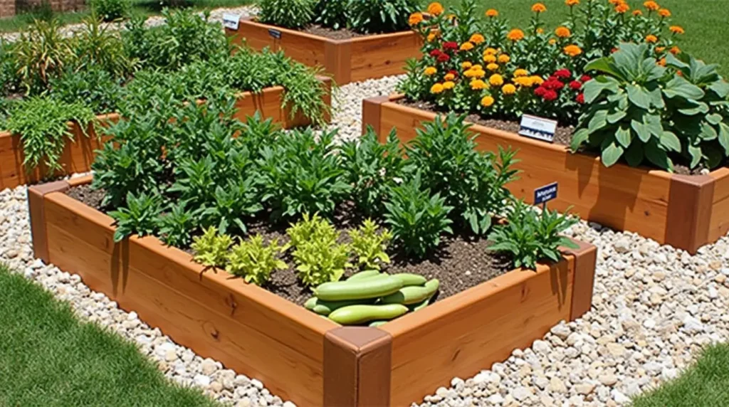 A raised garden bed made of untreated wood filled with colorful vegetables and flowers under a blue sky.
