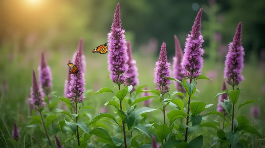 Joe Pye Weed’s tall purple-pink flowers attracting butterflies in the wild.