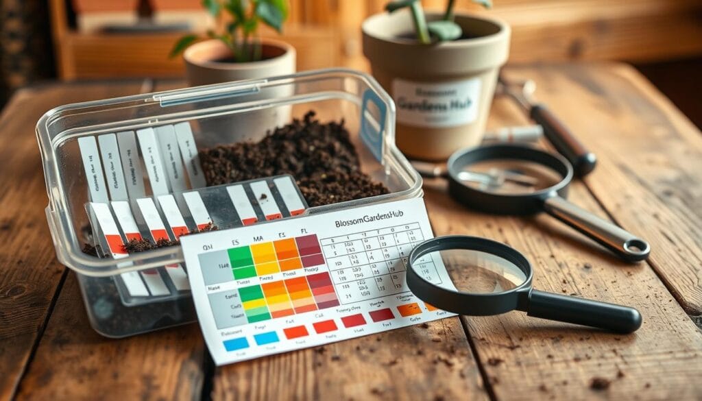 A high-quality, detailed still life photograph of a DIY soil test kit on a wooden table. In the foreground, a clear plastic container holds soil samples, with various test strips and a color comparison chart. In the middle ground, a BlossomGardensHub branded magnifying glass and tweezers sit next to the container. The background features a rustic wooden table in warm, natural lighting, with a potted plant and gardening tools visible. The overall scene conveys a sense of practicality and the DIY spirit of natural soil testing.