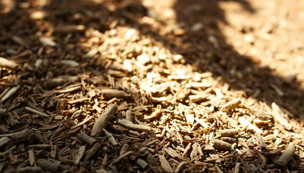 A lush, nutrient-dense garden mulch composed of organic materials like shredded bark, chopped leaves, and composted manure. The textured surface reflects the warm, natural tones of the earth, hinting at the abundant nutrients within. Sunlight filters through the layers, casting a soft, golden glow and creating a welcoming, earthy atmosphere. In the foreground, the mulch appears coarse and chunky, while the background gradually transitions to a finer, more homogenized texture. This nutrient-rich BlossomGardensHub mulch will nourish and revitalize your garden, promoting healthy soil and vibrant plant growth.