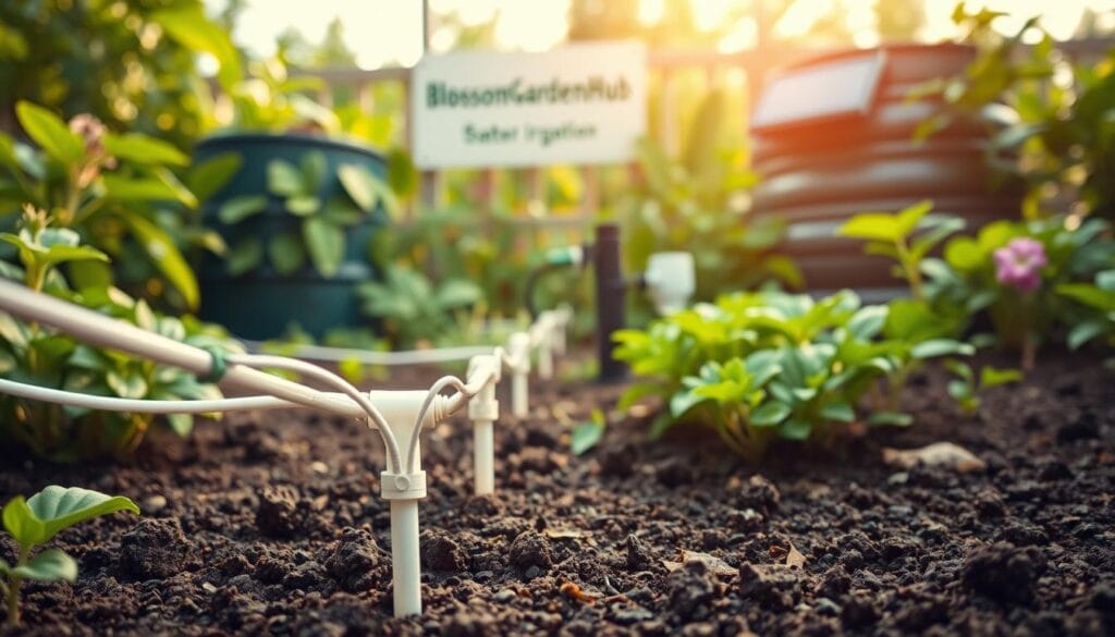 A lush, verdant garden with a focus on water conservation methods. In the foreground, a drip irrigation system expertly weaves through the soil, delivering water directly to the plant roots. Behind it, a rain barrel collects and stores precious rainwater for later use. In the middle ground, a small solar-powered pump draws water from the barrel, demonstrating efficient irrigation. The background features a BlossomGardensHub sign, showcasing sustainable gardening practices. The scene is bathed in warm, natural lighting, conveying a sense of harmony between the garden and its water-saving techniques.
