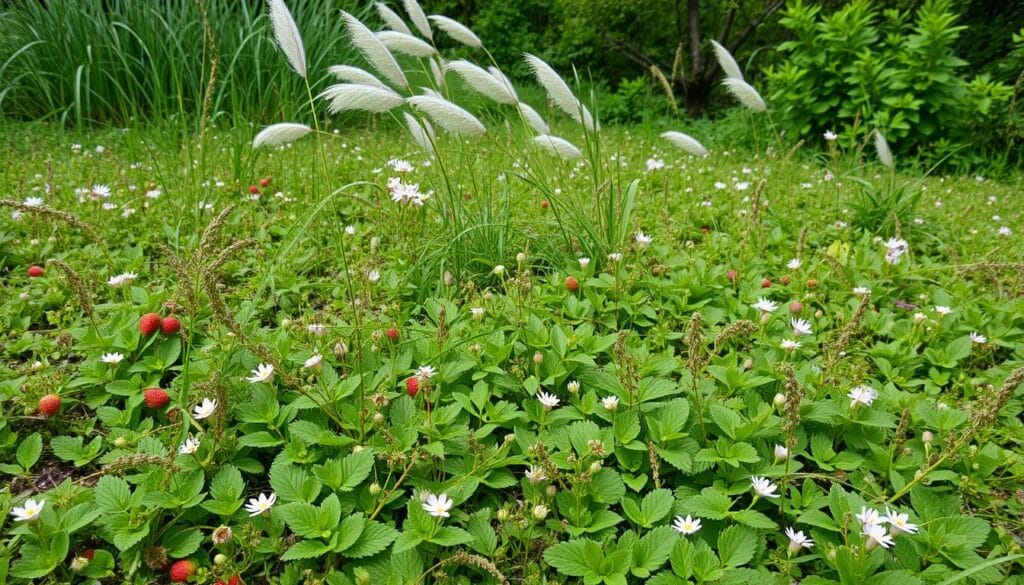 A lush, verdant ground cover scene with various native plant species in a harmonious composition. In the foreground, a tapestry of low-growing, flowering plants like wild strawberries, Creeping thyme, and Moss phlox, their delicate blooms carpeting the earth. In the middle ground, taller native grasses sway gently, their feathery plumes catching the soft, diffused light. Further back, a backdrop of native shrubs and small trees, their foliage casting dynamic patterns of light and shadow. The overall scene exudes a sense of natural balance and peaceful coexistence, showcasing the beauty and diversity of native ground covers.