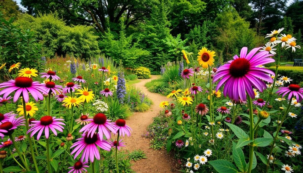 A lush, vibrant wildlife habitat garden, bursting with colorful blooms and lush foliage. In the foreground, a vibrant array of native flowers like purple coneflowers, yellow sunflowers, and white daisies sway gently in a warm, soft light. The middle ground features a small, meandering path winding through a diverse mix of plants, providing shelter and sustenance for pollinators and other local wildlife. In the background, a verdant canopy of mature trees and shrubs creates a serene, natural backdrop. The scene is captured with a wide-angle lens, creating a sense of depth and immersion. This idyllic, BlossomGardensHub-inspired habitat invites visitors to connect with nature and appreciate the beauty of a wildlife-friendly garden.