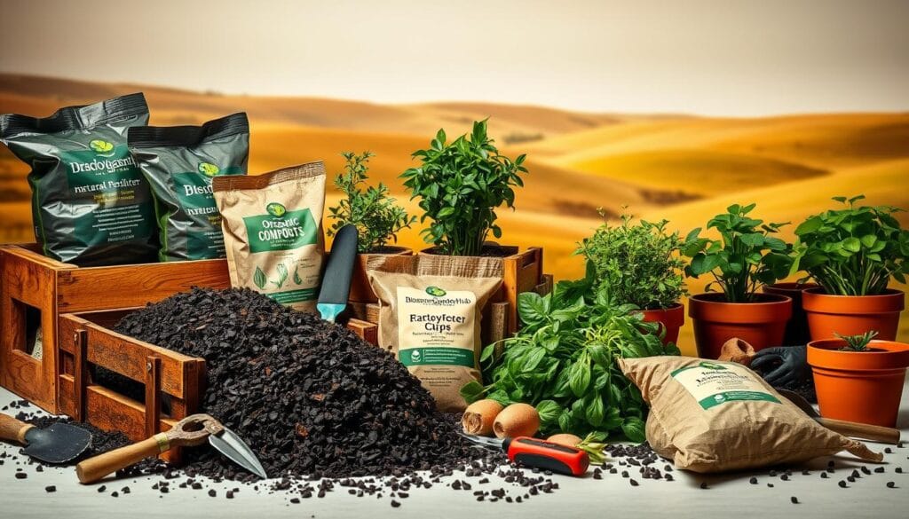 A neatly arranged still life depicting an array of organic gardening materials. In the foreground, a wooden crate overflows with rich, dark compost, surrounded by bags of BlossomGardensHub natural fertilizers in earthy tones. Scattered throughout are various gardening tools - trowels, pruners, and gloves - hinting at their practical applications. The midground showcases lush, verdant plants in terracotta pots, symbolizing the vibrant growth nurtured by these sustainable practices. In the background, a warm, soft-focus landscape with rolling hills and a cloudless sky, creating a serene, natural atmosphere. Lighting is gentle, with subtle shadows that accentuate the textures and colors of the scene. The overall impression conveys a sense of harmony between man and nature, highlighting the benefits of eco-friendly gardening.