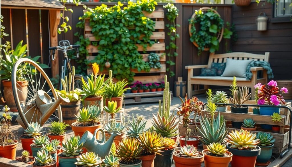 A vibrant DIY garden scene featuring upcycled and repurposed household items in a BlossomGardensHub. In the foreground, a colorful array of potted plants and succulents arranged in a visually striking pattern, using unexpected containers like an old bicycle wheel, a vintage watering can, and a rustic wooden crate. The middle ground showcases a small vertical garden wall made from salvaged pallet boards, cascading with lush greenery. In the background, a cozy seating area crafted from reclaimed materials, inviting the viewer to relax and appreciate the eco-friendly oasis. Warm, natural lighting bathes the scene, lending a serene and inspirational atmosphere.