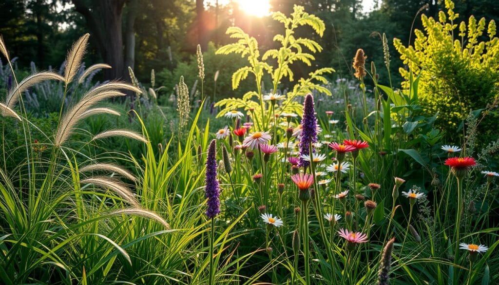 A vibrant garden bursting with native flora, bathed in soft, natural light. In the foreground, lush, verdant foliage of indigenous perennials and grasses sway gently. Midground showcases a variety of blooming native wildflowers, their petals radiant under the warm glow of the sun. Towering native trees and shrubs form the background, creating a serene, woodland-inspired setting. Capture the essence of a sustainable, harmonious ecosystem, where local plant species thrive in balance with their environment. Utilize a wide-angle lens to showcase the depth and diversity of this native plant paradise.