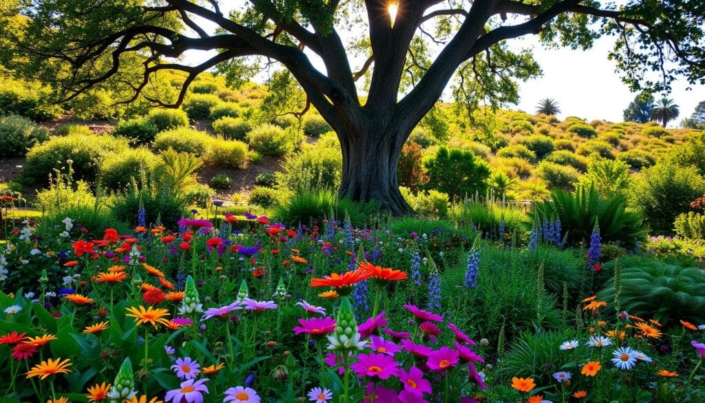 A vibrant, lush garden filled with native plants, bathed in the warm glow of the afternoon sun. In the foreground, a diverse array of flowering perennials sway gently in a light breeze, their petals bursting with vivid hues. Towering in the middle ground, a majestic oak tree casts a gentle shadow, providing a natural canopy for the thriving understory of ferns and wildflowers. The background features a rolling hillside dotted with the verdant foliage of indigenous shrubs and trees, creating a sense of depth and harmony. The scene exudes a serene, sustainable atmosphere, highlighting the innate beauty and ecological benefits of native plant species.