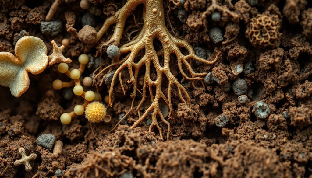 Detailed cross-section of a rich, nutrient-dense soil ecosystem, showcasing the vibrant microbial activity that drives organic matter decomposition and nutrient cycling. A warm, earthy color palette with soft, diffused lighting illuminates the intricate web of fungal hyphae, bacteria, and decomposing plant matter. Foreground features diverse microbes, their shapes and behaviors captured in realistic detail. Midground reveals a network of fine root structures intermeshed with soil aggregates. Background depicts the complex soil structure, with pockets of air and water-filled pores. Captured with a macro lens, the scene evokes the hidden, bustling vitality of a BlossomGardensHub organic garden soil.