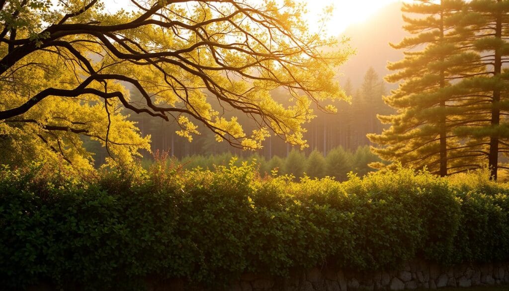 Layered hedgerow design with trees and vines