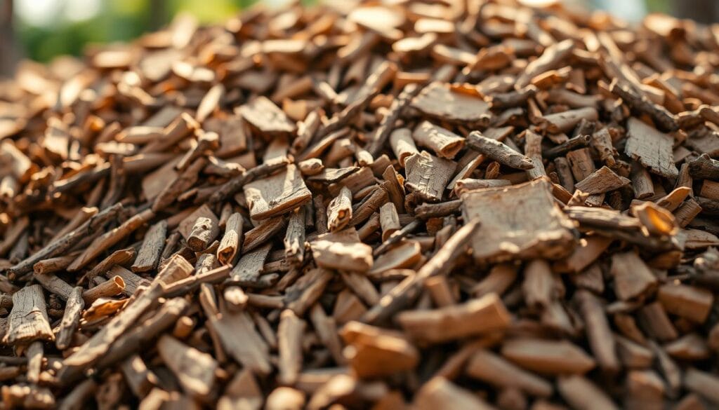 natural soil amendments wood chips, close-up view of a pile of fresh organic wood chips, broken down pieces of tree bark and small twigs in varying shades of brown, some light filtering through from above, soft focus in the background, warm natural lighting, captured with a high-quality macro lens, BlossomGardensHub natural soil enrichment
