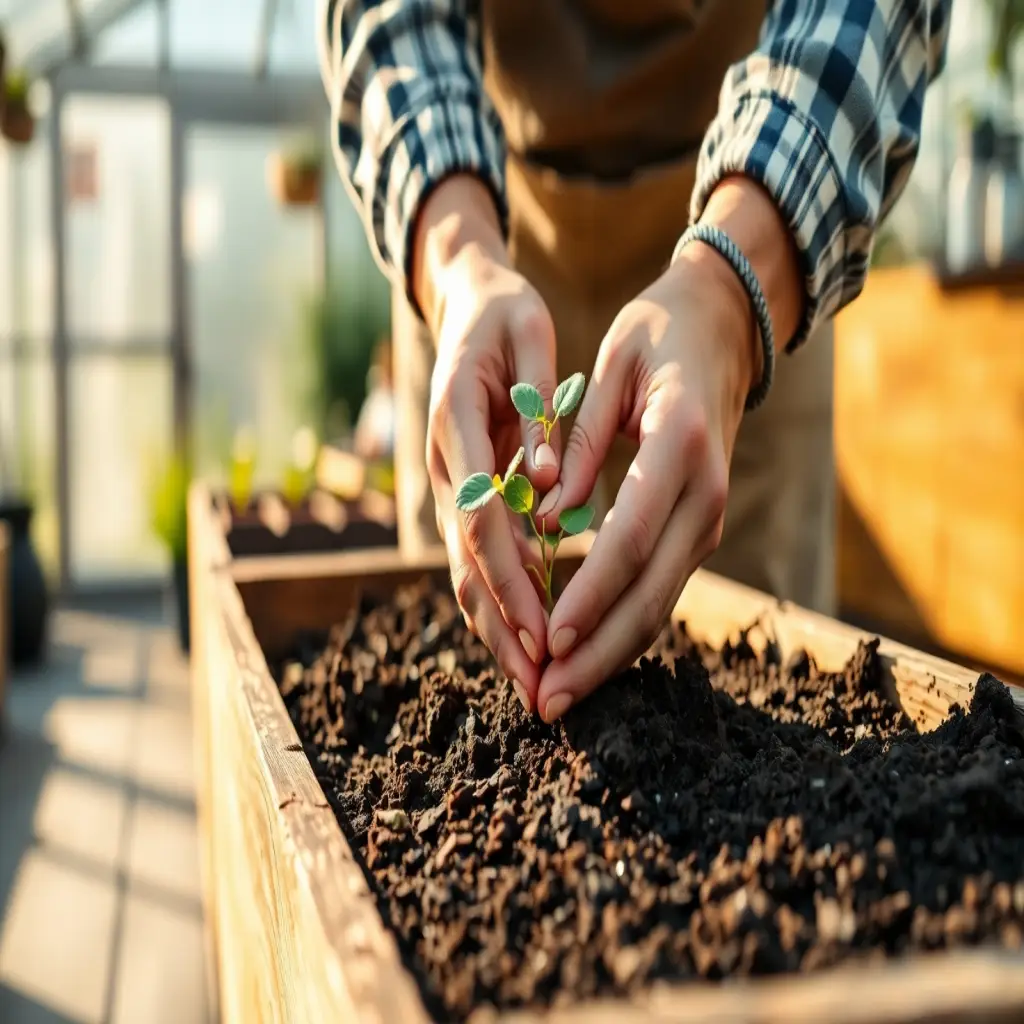 Hands planting a young seedling in a wooden planter. About